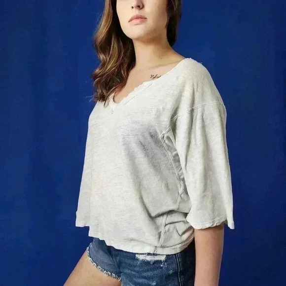 Free People Oversized Cream V-Neck 3/4 Sleeve Tee - L - Picture 8 of 11
